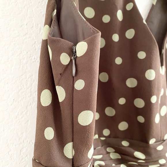 Suzi Chin Womens Size 10 Brown Green Polka Dot Empire Waist Silk Dress - Picture 8 of 16